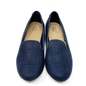 Clarks Collection Womens Navy Plaid Fabric Comfort Slip on Flats Size 6.5